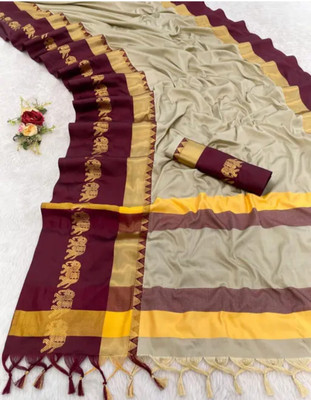 REKNIT Self Design, Solid/Plain, Temple Border, Woven Kanjivaram Cotton Silk, Silk Blend Saree(Beige)