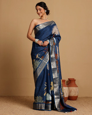 KAKADIYA Printed Bollywood Cotton Silk, Linen Saree(Blue)
