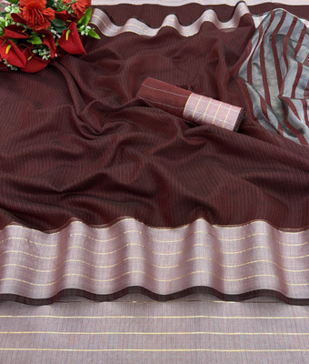 PIYA DESIGNER Solid/Plain Kasavu Cotton Linen Saree(Maroon)