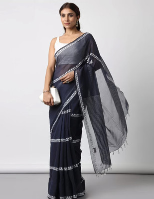 TRIXI Embroidered Handloom Cotton Blend Saree(Dark Blue)