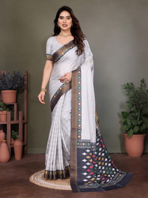 Soor Panchi Self Design Handloom Cotton Linen Saree(White)
