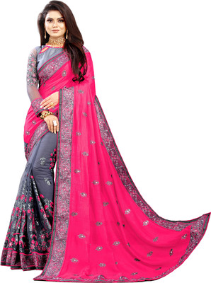 vaidehicreation Embellished, Embroidered Bollywood Net, Art Silk Saree(Pink, Grey)