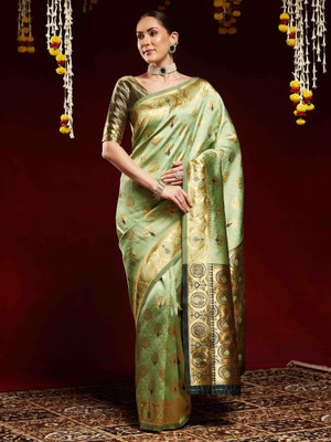 Divastri Printed Kanjivaram Silk Blend Saree(Light Green)