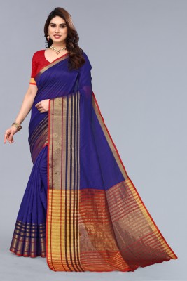 HITESH ENTERPRISE Striped Daily Wear Cotton Silk Saree(Dark Blue)