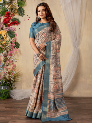 Sareemall Printed Chinnalapattu Silk Blend Saree(Beige)