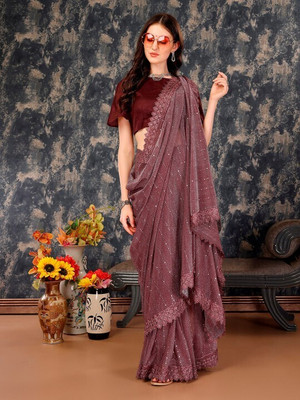 HouseOfCommon Embellished Bollywood Lycra Blend Saree(Maroon)