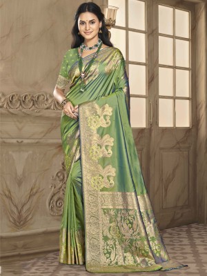 BUNAWAT Self Design Handloom Silk Blend Saree(Green)