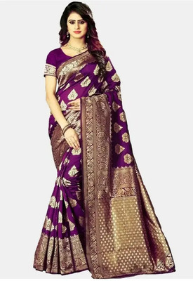 Shree Fashion Printed Banarasi Cotton Blend Saree(Purple)