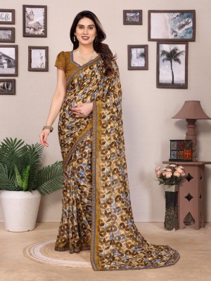 NIRMOHIFASHION Printed Bollywood Georgette Saree(Mustard, Blue, Brown)