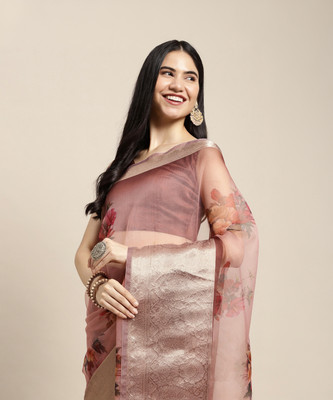 Divastri Digital Print Bollywood Organza Saree(Brown)