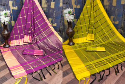 KHODIYAR TRENDZ Checkered, Woven Daily Wear Cotton Silk Saree(Pack of 2, Magenta, Yellow)