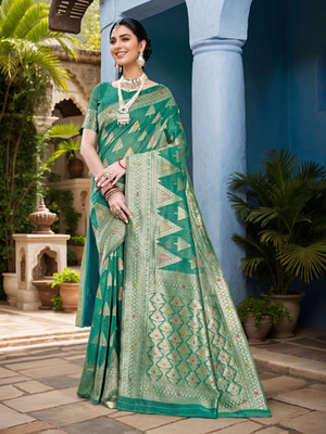 ANOUK Woven, Self Design Chanderi Linen Saree(Green)