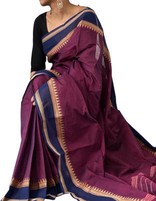 kalpana handloom Solid/Plain, Temple Border Handloom Pure Cotton Saree(Maroon)