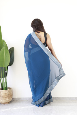 Bansari Textiles Solid/Plain Bollywood Chiffon, Silk Blend Saree(Light Blue)