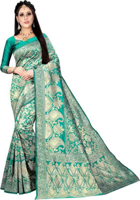 peer store Woven Banarasi Jacquard, Art Silk Saree(Light Blue)