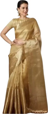 Zahidandsons Solid/Plain Banarasi Tissue Saree(Gold)