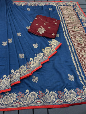 CHAMUNDA CREATION Embroidered Bollywood Pure Silk Saree(Dark Blue)