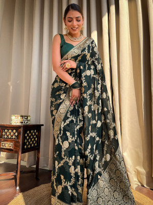 VERAFASHION Printed Handloom Cotton Silk Saree(Green)