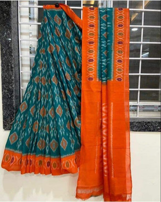 RADHA LAKSHMI Printed Ikkat Pure Cotton Saree(Orange)