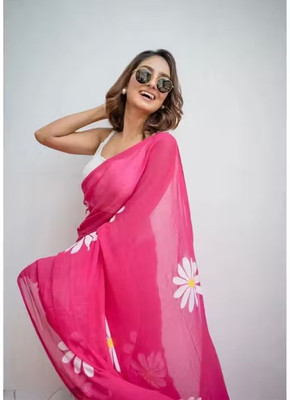 PRANJAL ART Floral Print Bollywood Cotton Linen Saree(Pink)