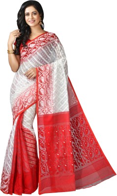 crochetin Woven Jamdani Handloom Cotton Blend Saree(Red, White)