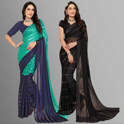 Anand Sarees Striped Bollywood Satin Saree(Pack of 2, Green, Blue, Black)