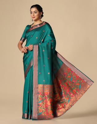 Samah Embellished, Woven, Self Design Paithani Jacquard, Silk Blend Saree(Light Green)
