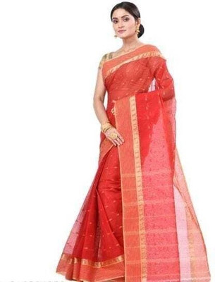 Sthaker Woven Handloom Cotton Blend Saree(Pack of 2, Red)