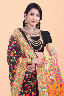 Wovenza Self Design, Woven Bollywood Cotton Blend, Semi-Pashmina Saree(Black)