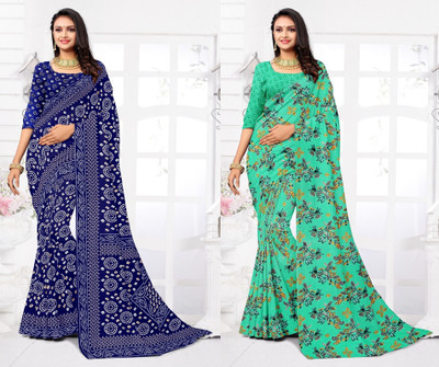 Panchvati NX Printed Daily Wear Georgette Saree(Pack of 2, Green, Dark Blue)