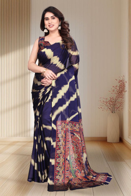 SuperLaxmi Printed, Striped Bollywood Chiffon, Georgette Saree(Blue)