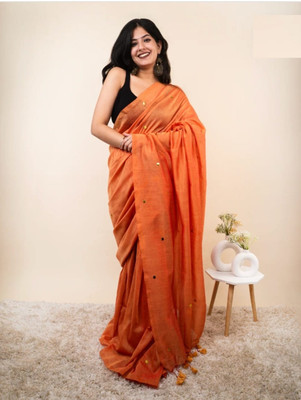 SP Boutique Embellished Handloom Cotton Blend Saree(Orange)