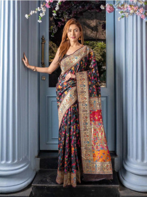 Coxwin Woven Assam Silk Cotton Blend Saree(Black)