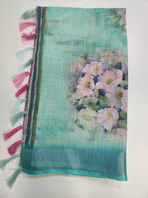 J6 Designers Floral Print Bollywood Linen Saree(Light Blue)