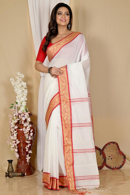 ADbutiq Woven Bollywood Handloom Cotton Blend Saree(White)