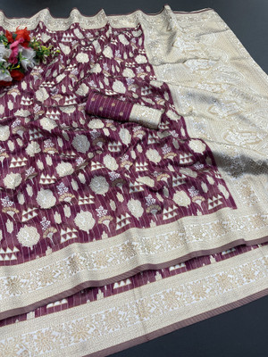 AAINA CREATION Printed Bollywood Tissue Saree(Purple, Cream)
