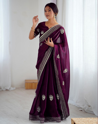 Satrani Embroidered Bollywood Tissue Saree(Purple)