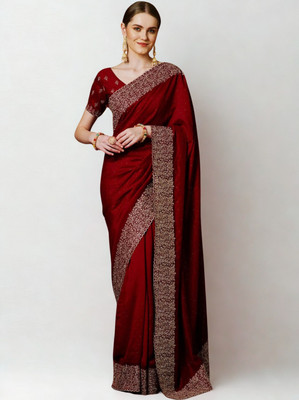 NIVACREATIONS Embroidered Assam Silk Pure Silk Saree(Maroon)