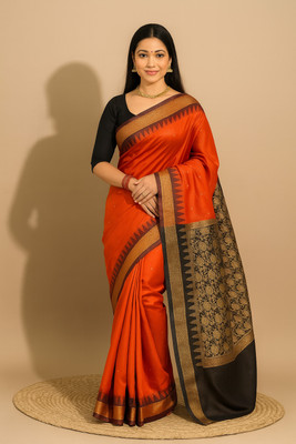 Sijileen Solid/Plain Handloom Art Silk Saree(Orange)