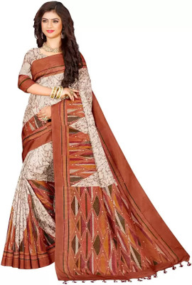 TRFASHIONHUB Printed Sambalpuri Cotton Blend Saree(Orange)