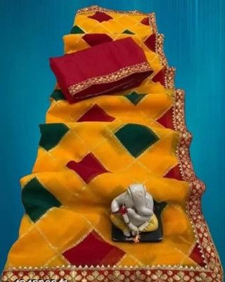 harshit designer Printed Bandhani Georgette Saree(Yellow)
