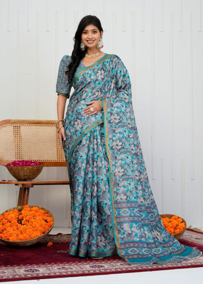 SHRIVAN FASHION Printed Bollywood Cotton Blend Saree(Light Blue)