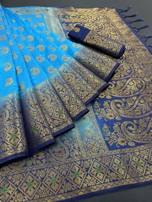 Rupatika Woven Kanjivaram Pure Silk, Cotton Silk Saree(Dark Blue, Light Blue)