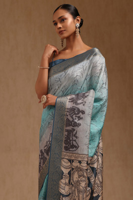 soch Printed Saree with Attached Blouse Tussar Silk Saree(Blue)