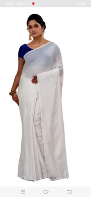 BiswasTextiles Solid/Plain Handloom Cotton Blend Saree(White)