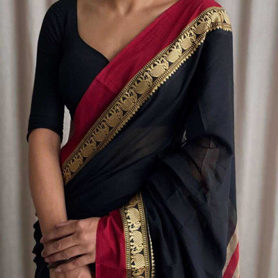 Trishul Solid/Plain Handloom Pure Cotton Saree(Black)