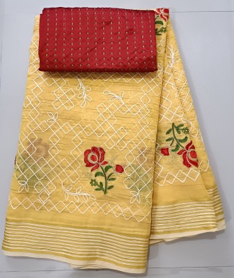 TRIPZIRA Embroidered Chanderi Cotton Linen Saree(Yellow)
