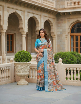 Myraani Printed Bollywood Cotton Linen, Cotton Silk Saree(Multicolor)