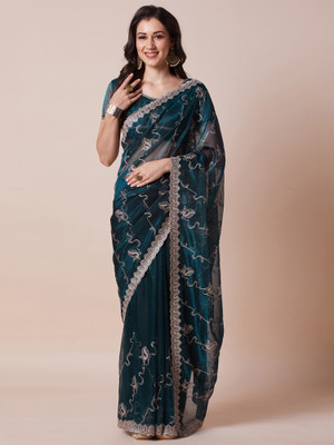 Tasrika Embroidered Bollywood Net Saree(Blue)