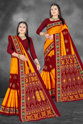 ETHNIC ODISHA HANDLOOM Printed, Digital Print Sambalpuri Pure Cotton Saree(Orange, Red, Maroon)